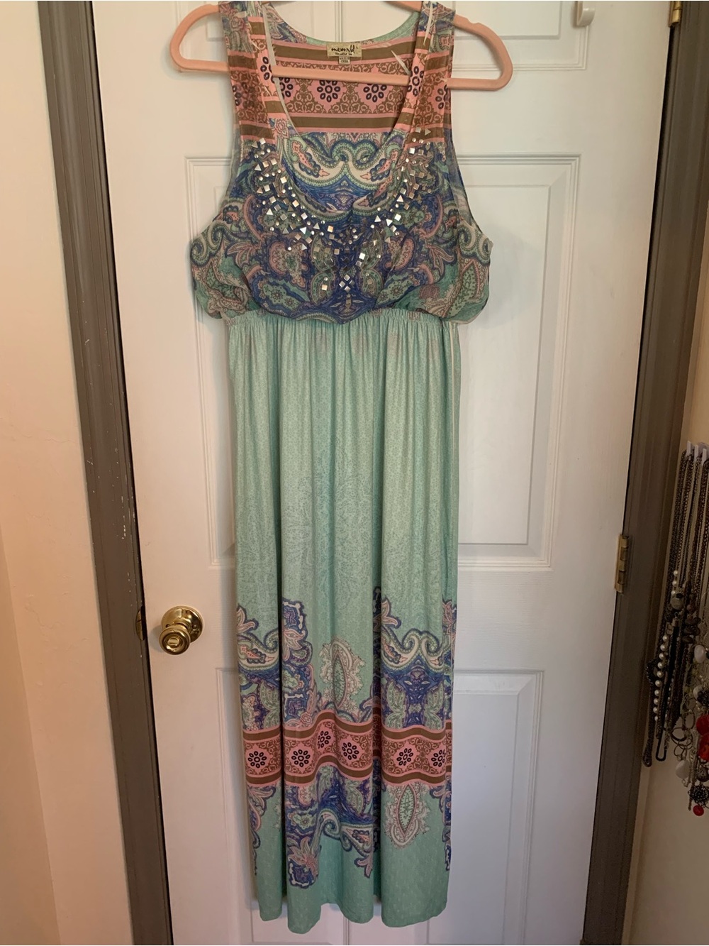 ONE WORLD Mint Paisley Maxi Dress with Coral and Blue Accents